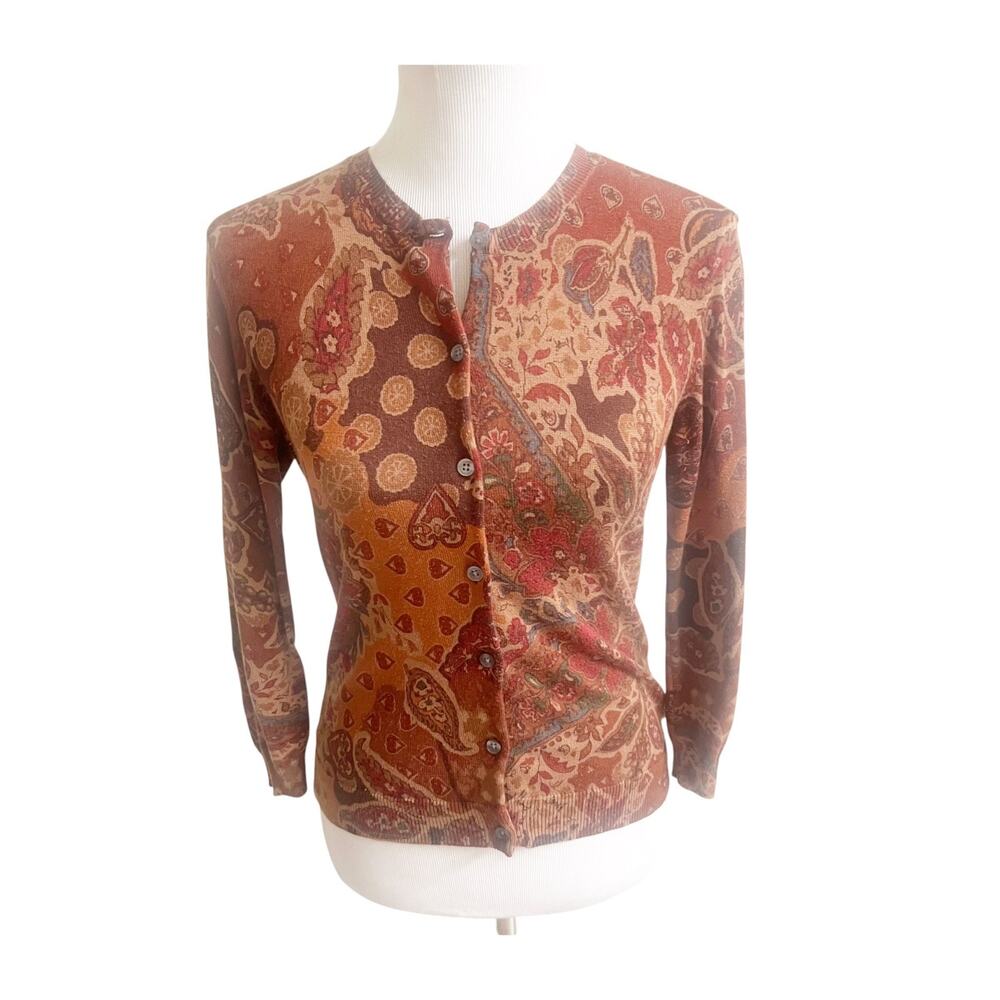 Lauren Ralph Lauren Cardigan Women's M Maroon Paisley Ribbed Hem & Cuff Heritage